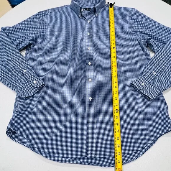 Ralph Lauren Gingham Plaid Check Mens XL Shirt Blue White Long Sleeve Green Pony - Picture 3 of 4